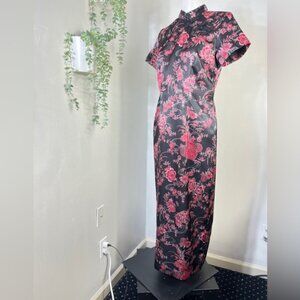 AGB DRESS Byer California Elegant Black & Red Floral Mandarin Maxi Dress Small